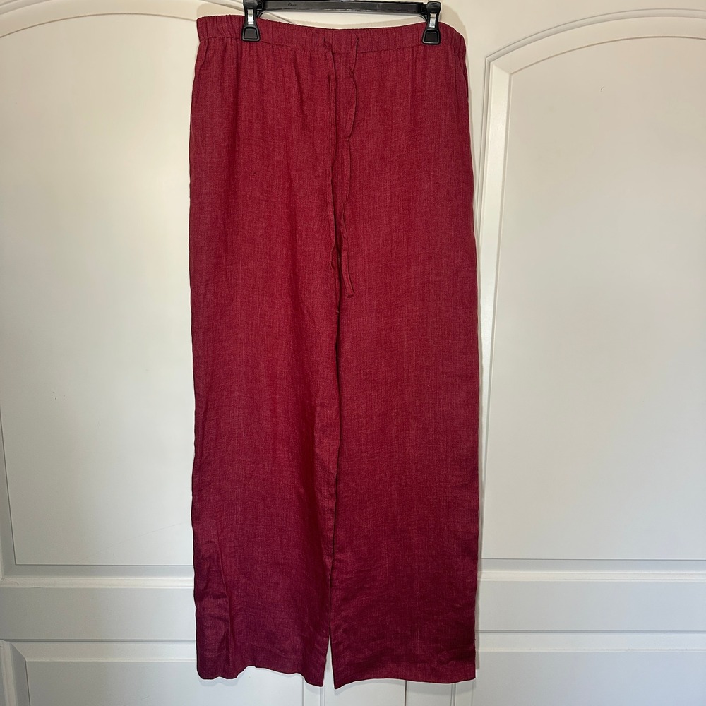 Lafayette 148 Pants Burgundy Red 100% Linen Wide Leg High Rise Womens 14 - Picture 2 of 5